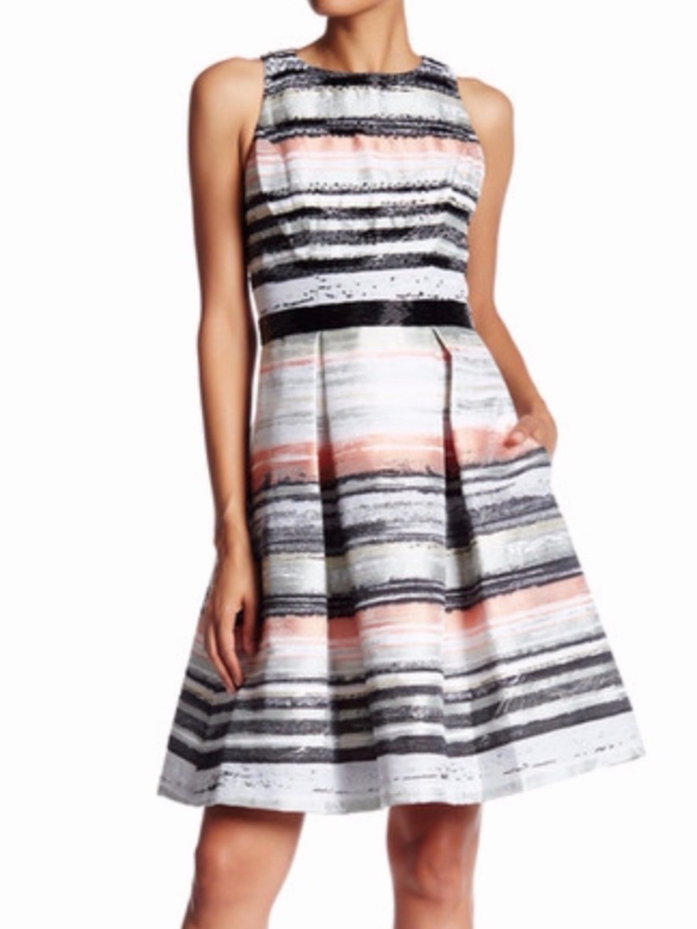 Pamella Roland Striped Midi Dress in White, Black and Blush